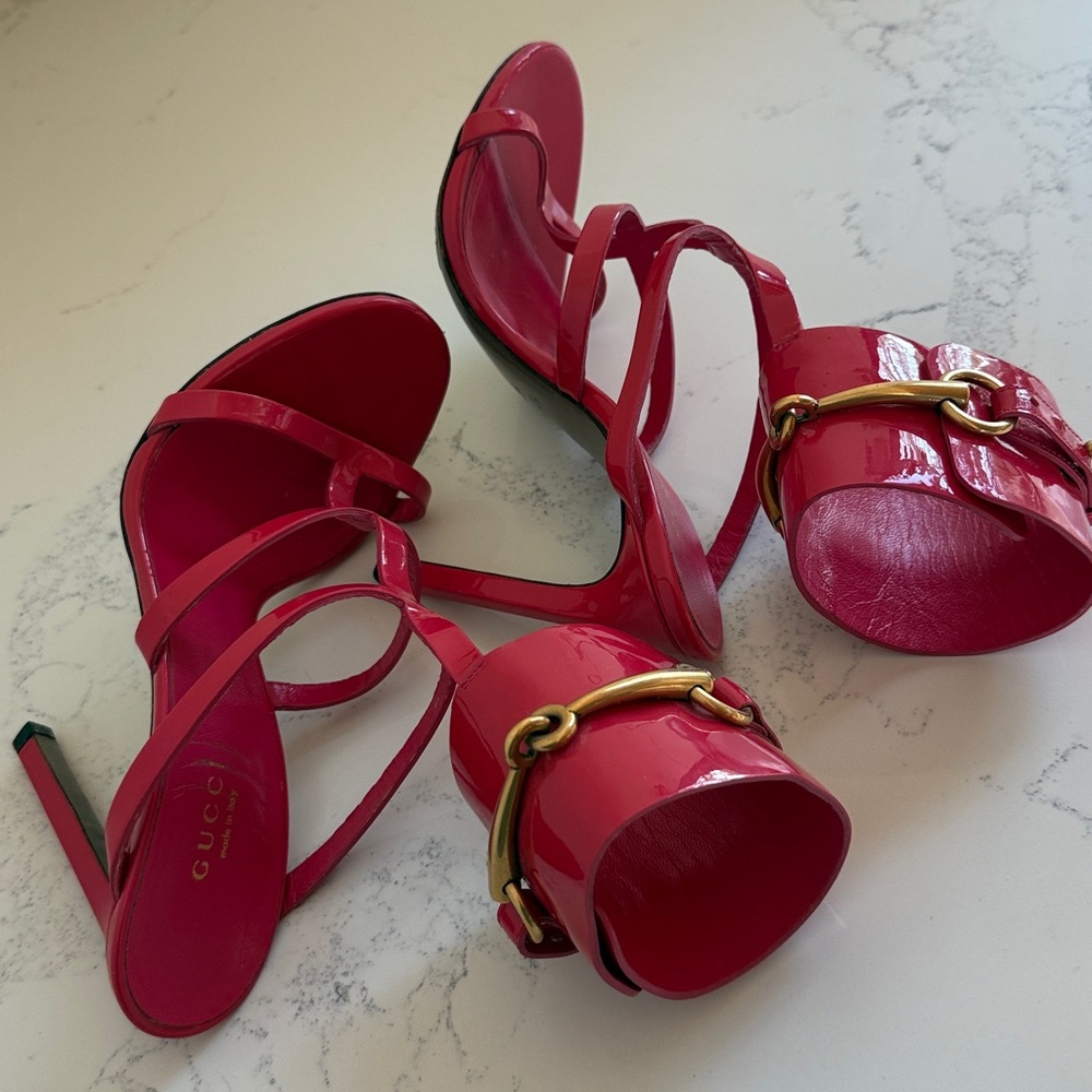 Gucci Ursula Horsebit Ankle Strap Heels Red Patent Leather Size 36.5 - Picture 7 of 17